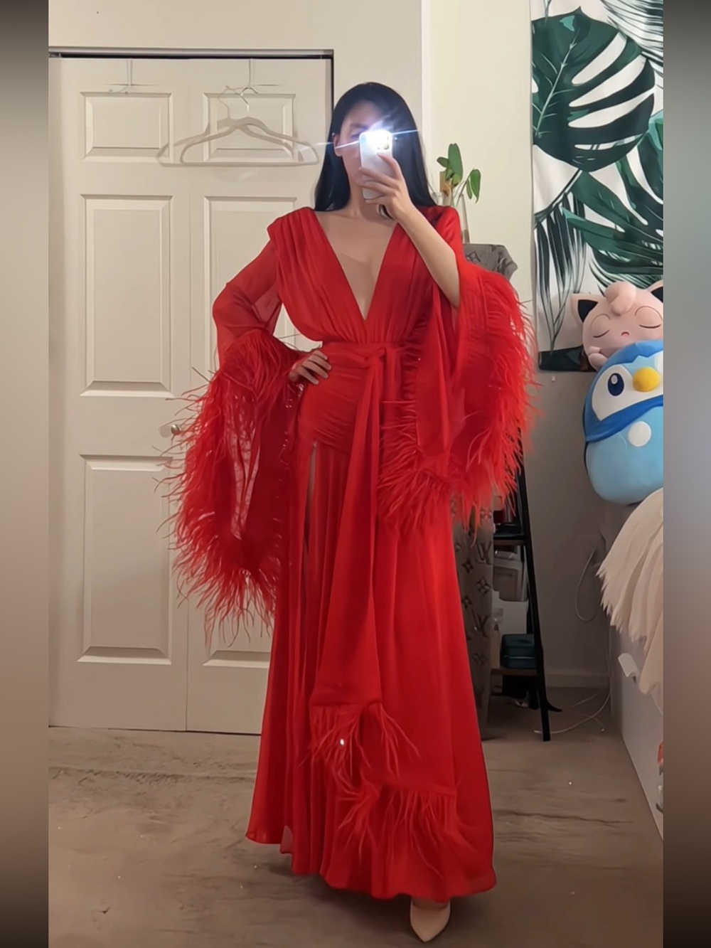 Bronx & Banco Geisha Ostrich Feather Trimmed Plunge High Slit Wrap Gown M NWOT - Picture 4 of 16